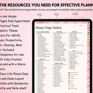 May include: A digital planner displayed on a tablet, featuring a pink and white color scheme. The planner includes sections for self-care, cleaning, fitness, and meal planning. Text on the screen reads "Home Page/Index" and lists various planning tools. The image also includes text about the planner's features.