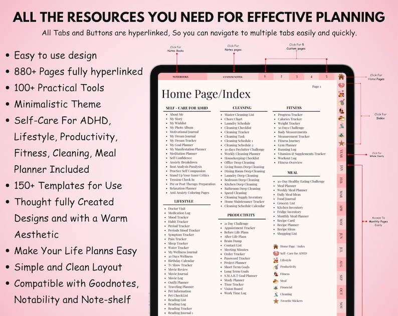 May include: A digital planner displayed on a tablet, featuring a pink and white color scheme. The planner includes sections for self-care, cleaning, fitness, and meal planning. Text on the screen reads "Home Page/Index" and lists various planning tools. The image also includes text about the planner's features.
