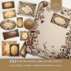 Pode incluir: Uma coleção de etiquetas de livros em estilo vintage em várias formas e tamanhos, com molduras ornamentadas e elementos decorativos. As etiquetas são em tons de ouro, castanho e bege, com detalhes florais. Inclui o texto "110+ RETRO BOOK LABELS FOR CRAFTS".
