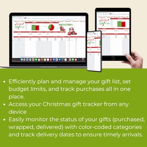 May include: A computer screen and tablet display a Christmas gift tracker spreadsheet with a red and green color scheme. The spreadsheet includes columns for gift recipient, gift idea, budget, purchased, wrapped, and delivered. The spreadsheet also includes a pie chart and a bar graph.
