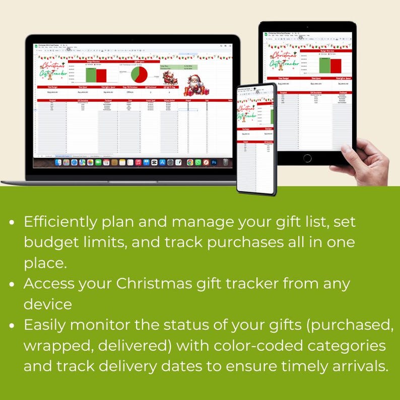 May include: A computer screen and tablet display a Christmas gift tracker spreadsheet with a red and green color scheme. The spreadsheet includes columns for gift recipient, gift idea, budget, purchased, wrapped, and delivered. The spreadsheet also includes a pie chart and a bar graph.