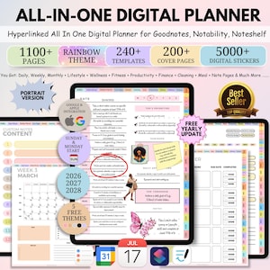 May include: A digital planner with a rainbow theme, featuring over 1100 pages, 240 templates, and 5000 digital stickers. Includes a portrait version and Google & Apple integration. Designed for Goodnotes, Notability, and Noteshelf. Includes free yearly updates.