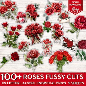 100 + Red Roses Fussy Cuts, Floral Fussy Cuts, Floral Ephemera, Flower Fussy Cuts, Printable Fussy Cuts, Floral Ephemera for Junk Journals