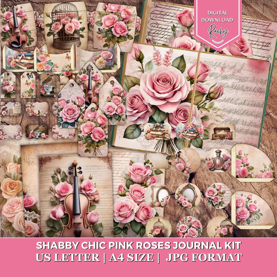 Shabby Chic Pink Roses Junk Journal Kit, Floral Journal Kit, Shabby ...