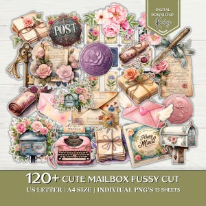 Può includere: Una collezione di elementi di carta in stile vintage, tra cui buste, francobolli, cassette postali e composizioni floreali. Il design presenta una macchina da scrivere rosa, una chiave e il testo "Happy Mail". L'immagine è etichettata "120+ CUTE MAILBOX FUSSY CUT".