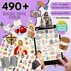 May include: A digital sticker pack with over 490 religious themed stickers. The stickers feature bible verses, crosses, and other religious imagery. The stickers are designed for use with Goodnotes.
