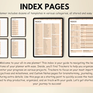 K&ouml;nnte beinhalten: Digitale Planer-Indexseiten mit dem Titel "INDEX PAGES". Das Bild zeigt digitale Planerseiten in Beige und Wei&szlig;. Der Text beschreibt die Funktionen des Planers, einschlie&szlig;lich Tracker und Notizseiten, f&uuml;r Organisation und Zielverfolgung.