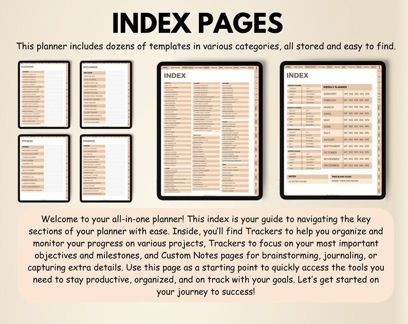 K&ouml;nnte beinhalten: Digitale Planer-Indexseiten mit dem Titel "INDEX PAGES". Das Bild zeigt digitale Planerseiten in Beige und Wei&szlig;. Der Text beschreibt die Funktionen des Planers, einschlie&szlig;lich Tracker und Notizseiten, f&uuml;r Organisation und Zielverfolgung.
