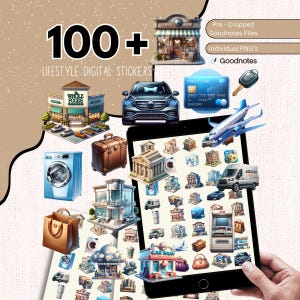Può includere: Set di adesivi digitali con oltre 100 immagini a tema lifestyle, tra cui una caffetteria, un negozio Whole Foods, un autolavaggio e vari veicoli. L'immagine include anche una carta di credito, una chiave e un tablet che mostra altri adesivi.