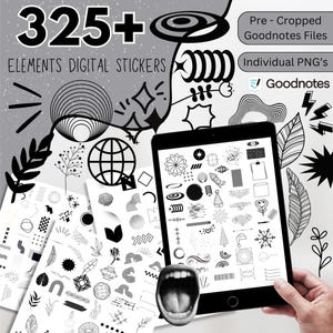Puede incluir: Un paquete de pegatinas digitales con más de 325 elementos en blanco y negro. Las pegatinas están precortadas para usar con Goodnotes. La imagen muestra una variedad de pegatinas, incluyendo formas geométricas, diseños abstractos y elementos florales.
