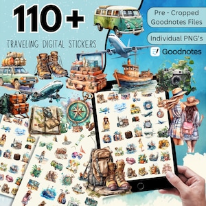 110 + Traveling Digital Stickers, Travel Goodnotes Stickers, Pre-cropped Travel Stickers, Travel Watercolor Stickers PNG, Planner Stickers