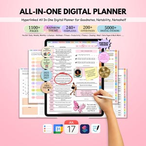 May include: Digital planner with a rainbow theme, featuring over 1100 pages, 240 templates, 200 cover pages, and 5000 digital stickers. The planner is designed for Goodnotes, Notability, and Noteshelf, with a portrait version available. The image includes the text "ALL-IN-ONE DIGITAL PLANNER".