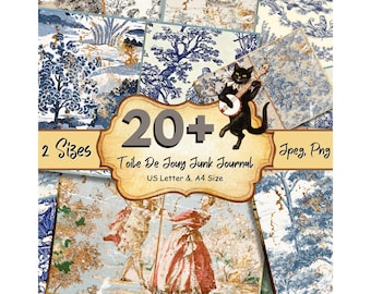 May include: A collection of Toile de Jouy junk journal papers in various blue and white patterns. The image includes a banner with the text "20+ Toile De Jouy Junk Journal" and a black cat playing a banjo. The papers are available in US Letter and A4 sizes.