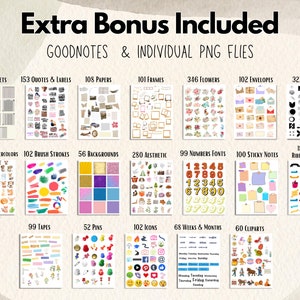 Puede incluir: Gr&aacute;fico de elementos de planificador digital con el texto "Extra Bonus Included". Incluye widgets, citas, papeles, marcos, flores, sobres y elementos. Tambi&eacute;n incluye acuarelas, pinceladas, fondos, fuentes, notas adhesivas, cintas, cintas adhesivas, pines, iconos, semanas, meses y cliparts.