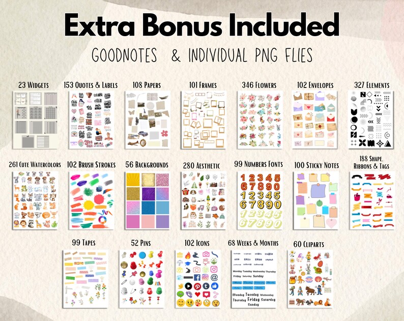 Puede incluir: Gr&aacute;fico de elementos de planificador digital con el texto "Extra Bonus Included". Incluye widgets, citas, papeles, marcos, flores, sobres y elementos. Tambi&eacute;n incluye acuarelas, pinceladas, fondos, fuentes, notas adhesivas, cintas, cintas adhesivas, pines, iconos, semanas, meses y cliparts.