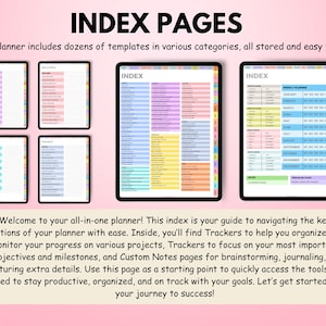 May include: Digital planner index pages displayed on tablets. The title "INDEX PAGES" is at the top. The planner includes templates in various categories. Text below reads: "Welcome to your all-in-one planner!"