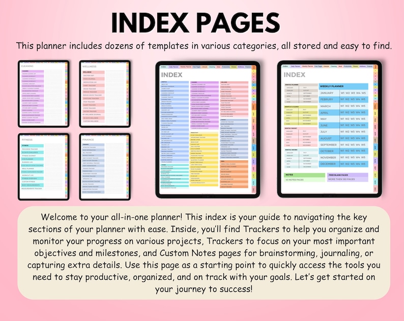 May include: Digital planner index pages displayed on tablets. The title "INDEX PAGES" is at the top. The planner includes templates in various categories. Text below reads: "Welcome to your all-in-one planner!"