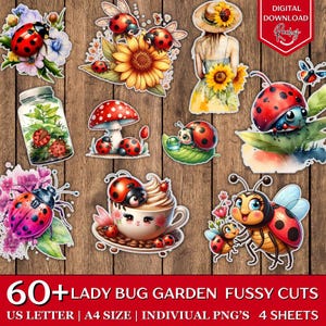 May include: A collection of colorful ladybug-themed fussy cuts on a wooden background. The designs include ladybugs with flowers, mushrooms, and in a teacup. Text at the bottom reads "60+ LADY BUG GARDEN FUSSY CUTS".