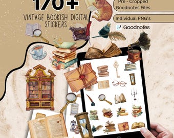 Puede incluir: Un conjunto de pegatinas digitales vintage con ilustraciones de libros, una máquina de escribir, un gato, una lupa y un gramófono. El texto dice "170+ Vintage Bookish Digital Stickers" y "Goodnotes".