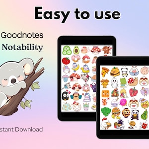 May include: Two black tablets displaying colorful digital stickers. A cartoon koala rests on a branch. Text reads "Easy to use", "Goodnotes", "Notability", and "Instant Download". The background has a gradient of pink, blue, and purple.