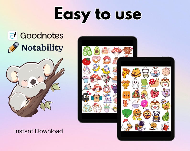 May include: Two black tablets displaying colorful digital stickers. A cartoon koala rests on a branch. Text reads "Easy to use", "Goodnotes", "Notability", and "Instant Download". The background has a gradient of pink, blue, and purple.