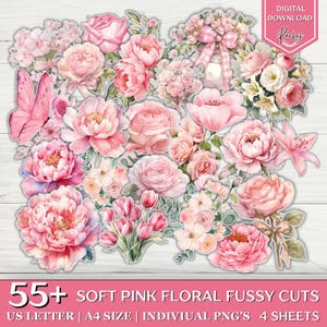 55 + Soft Pink Flower Fussy Cut Bundle, Pink Rose Fussy Cut, Junk Journal Kit, Floral Fussy Cut, Printable Fussy Cut, Floral Ephemera