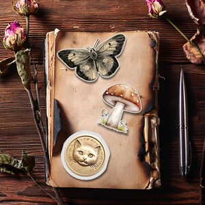 May include: An open antique book with a butterfly, mushroom, and cat-faced seal stickers. A silver pen and dried flowers are on a dark wood surface. The book's pages are aged and have a burnt edge.