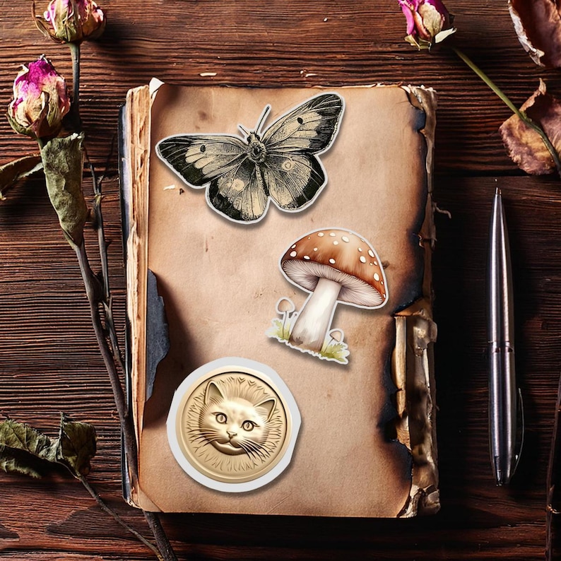 May include: An open antique book with a butterfly, mushroom, and cat-faced seal stickers. A silver pen and dried flowers are on a dark wood surface. The book's pages are aged and have a burnt edge.