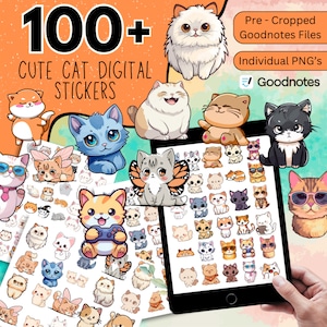 100 + schattige kat digitale stickers, Goodnotes sticker, kattenliefhebber stickers, digitale planner stickers Pack, schattige digitale stickers, PNG stickers