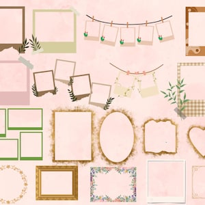 May include: A selection of photo frames and decorative elements in a soft pink colour scheme. The frames include square, rectangular, and oval shapes, some with floral or patterned borders. Some frames are taped or clipped to a string.