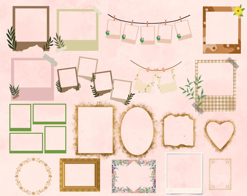 May include: A selection of photo frames and decorative elements in a soft pink colour scheme. The frames include square, rectangular, and oval shapes, some with floral or patterned borders. Some frames are taped or clipped to a string.