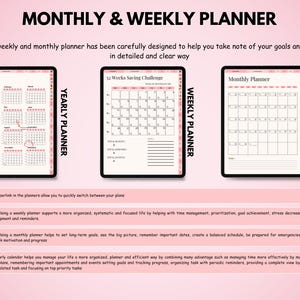 May include: A digital planner with a pink background, featuring yearly, weekly, and monthly views. The yearly view displays a 2025 calendar. The weekly view includes a 52 weeks saving challenge. The monthly view is a blank calendar.