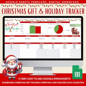 May include: A computer screen displaying a Google Sheets template for a Christmas gift and holiday tracker. The template includes a dashboard, a gift tracker, a card tracker, and data validation. The template is decorated with a festive Christmas theme.