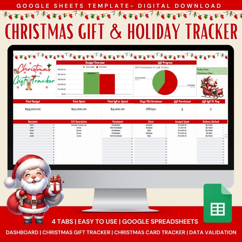 May include: A computer screen displaying a Google Sheets template for a Christmas gift and holiday tracker. The template includes a dashboard, a gift tracker, a card tracker, and data validation. The template is decorated with a festive Christmas theme.