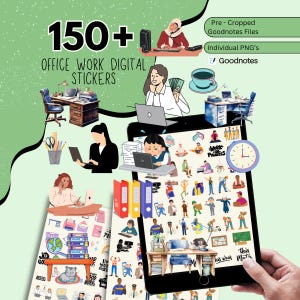 May include: Digital stickers for office work, with illustrations of office supplies, people working, and office scenes. The image includes the text "150+ OFFICE WORK DIGITAL STICKERS" and "Goodnotes".