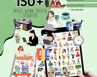 Puede incluir: Pegatinas digitales para el trabajo de oficina, con ilustraciones de material de oficina, personas trabajando y escenas de oficina. La imagen incluye el texto "150+ OFFICE WORK DIGITAL STICKERS" y "Goodnotes".