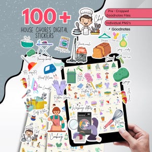 Puede incluir: Pegatinas digitales con tareas domésticas, incluyendo una aspiradora, una tabla de planchar y una lavadora. La imagen incluye el texto "100+ HOUSE CHORES DIGITAL STICKERS" y "Pre-Cropped Goodnotes Files".