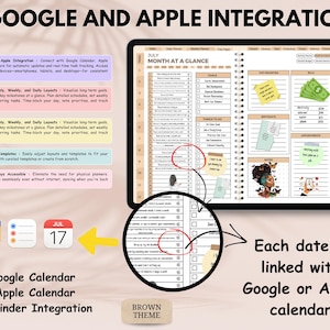 May include: Digital planner with Google and Apple calendar integration. The planner features a brown theme, monthly, weekly, and daily layouts, and customizable templates. The image shows a tablet with a July at a glance page, with the text "Each date is linked with Google or Apple calendar."