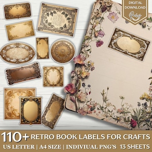 110 Retro Book Labels Fussy Cuts, Vintage Book Plates Tag, Labels, Junk Journal, Blank Labels, Faux Book Plate, Vintage Label, Printable Tag