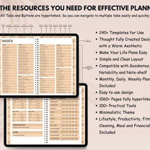 May include: A digital planner with a warm aesthetic, featuring an index and monthly, daily, and weekly planning pages. The planner includes 240+ templates, 1060+ hyperlinked pages, and 100+ practical tools. Text on the image reads: "ALL THE RESOURCES YOU NEED FOR EFFECTIVE PLANNING."