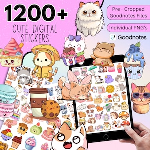 1200+ schattig digitaal stickerspakket, schattige dagelijkse pictogram digitale stickers, schattige kattenstickers, schattige beerstickers, Goodnotes-stickers, iPad-sticker