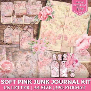 Soft Pink Junk Journal Kit, Pink Rose Ephemera, Floral, Tags, Envelope, Vintage Roses Journal Paper, Floral Fussy Cuts, Flower Printable Kit