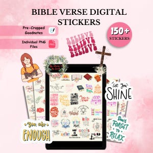 May include: Digital stickers with Bible verses. The image shows a tablet displaying various sticker designs with inspirational quotes and religious themes. Additional stickers include a cross and the words "Believe." The image also includes the text "150+ Stickers."