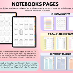 May include: Digital planner with various page layouts, including custom notes, goal planner pages, and project trackers. The image displays two tablets with different notebook page designs, and examples of the planner pages. Text on the image reads "NOTEBOOKS PAGES".