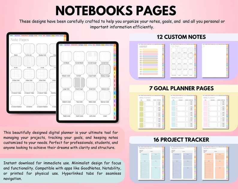 May include: Digital planner with various page layouts, including custom notes, goal planner pages, and project trackers. The image displays two tablets with different notebook page designs, and examples of the planner pages. Text on the image reads "NOTEBOOKS PAGES".