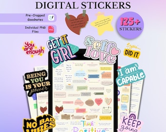 May include: Digital stickers with positive affirmations. The image shows a tablet displaying various stickers with phrases like "Self Love," "You are enough," and "I am capable." The stickers are colorful and feature different shapes and designs. The text "125+ Stickers" is also visible.
