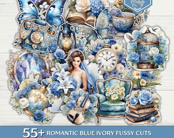 55+ Romantic Blue Ivory Fussy Cuts, Blue Lover Fussy Cuts, Printable Fussy Cuts, Junk Journal Kit, Junk Journal Ephemera, Blue Stickers