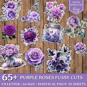65 + Purple Roses Fussy Cuts, Floral Fussy Cuts, Junk Journal Kit, Printable Fussy Cuts, Purple Fussy Cuts, Scrapbook Supplies, Junk Journal