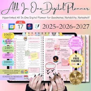 May include: A digital planner with a rainbow theme, featuring a tablet screen displaying a colorful planner page with sections for daily tasks, goals, appointments, and water intake. The planner is compatible with Goodnotes, Notability, and Noteshelf. The text "Free Yearly Update" and "5 Free Themes" are visible on the screen. The planner is advertised as having 1060+ pages, 240+ templates, 200+ cover pages, and 2000+ digital stickers.