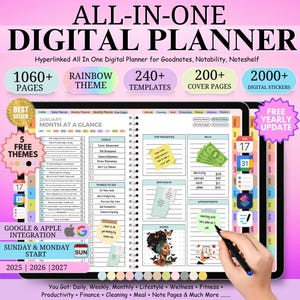 Peut inclure: Une application de planificateur numérique sur une tablette avec un thème arc-en-ciel. L'application comprend plus de 1060 pages, 240 modèles, 200 pages de couverture et 2000 autocollants numériques. L'application est compatible avec Goodnotes, Notability et Noteshelf. L'application comprend un calendrier mensuel, des pages de définition d'objectifs, des listes de tâches et plus encore. L'application comprend également une mise à jour annuelle gratuite.
